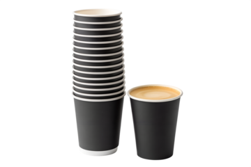 Stack of black disposable double-walled paper cups for hot beverages, perfect for coffee shops and events, providing insulation and convenience