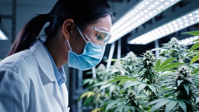 Scientist examining plant specimen in laboratory