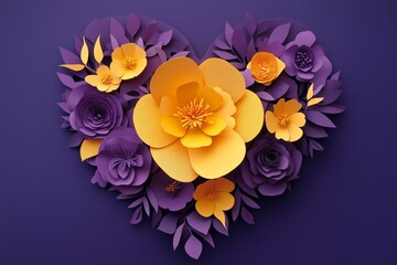 Purple and yellow paper flowers, heart shaped craft arrangement on violet background, handmade art.