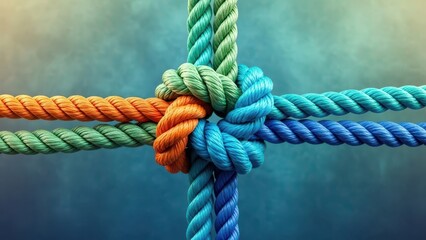 Four Colorful Ropes Intertwined in a Knot on a Blurred Background