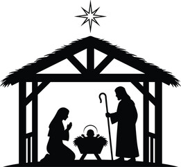 Nativity silhouette showing Mary Joseph and baby Jesus in manger under star isolated on white background Christmas vector illustration black