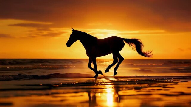 Majestic horse galloping silhouetted by vibrant sunset on tranquil beach