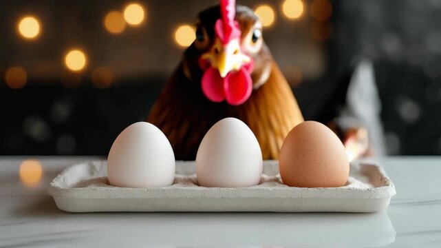 Curious hen inspects eggs on kitchen counter in cozy holiday setting