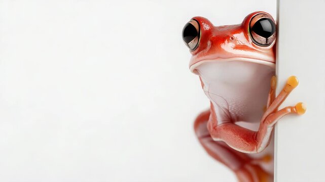 Curious redeyed tree frog peering from edge in closeup sequence