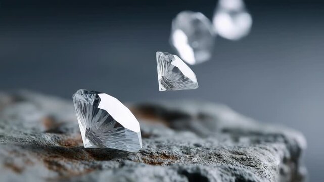 Sparkling diamonds in motion: gems falling and bouncing on textured surface in slow motion