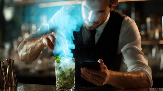 Professional bartender shaking a cocktail while using a mobile device in a modern bar setting at night