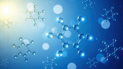 Abstract molecular structures on blue background with bokeh effect, representing chemistry or science