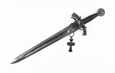 Sword and religion cross isolated on white background