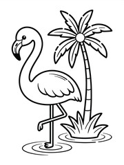 Obraz premium Flamingo standing near palm tree isolated on white background, Vector, illustration
