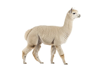 a magnificent huacaya alpaca with voluminous, creamy white fleece walks gracefully, full body side profile, isolated against a high-key studio background, emphasizing majestic calm