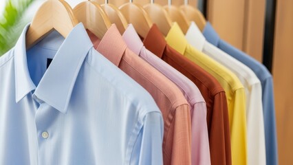 Row of colorful button-down shirts on hangers in a closet or store