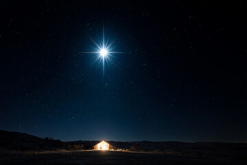 Shining Star Above the Manger &ndash; Holy Nativity of Jesus Christ in Sacred Night Scene