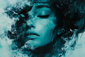 Abstract artistic portrait of woman in turquoise and black brushstroke painting style.