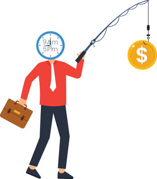 Businessman clock head fishing for money with a fishing rod, chasing a dollar coin, a time for money concept about corporate life, work schedule, financial goal, career ambition, and the rat race