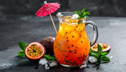 A glass pitcher with orange-red tropical drink, ice cubes, mint garnish, cocktail umbrella, and halved passion fruit on a dark surface.