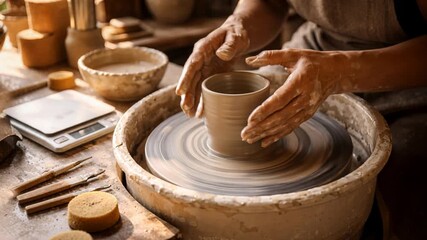 Hands shaping clay on pottery wheel with digital measuring tools nearby, blending local artisan ceramics and modern technology, authentic craft process in warm studio light, generative AI