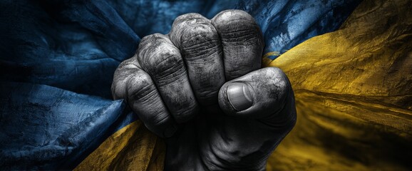 Powerful Gesture of Unity With a Clenched Fist Holding a Waving Ukrainian Flag in Dramatic Black and White and Color Contrast