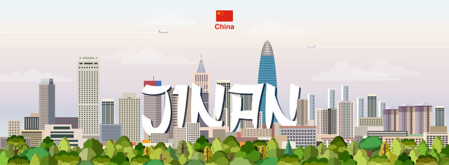 Jinan cityscape colorful vector illustration with big city name on the background. Travel trendy poster