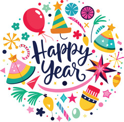 Playful Happy New Year Illustration with Fireworks, Party Decorations and Bright Colorful Hand Drawn Style