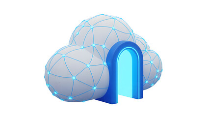 3D Cloud API Gateway Icon with Connected Nodes Blue Glow Isolated on Transparent Background PNG

