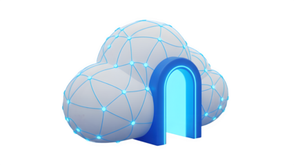 3D Cloud API Gateway Icon with Connected Nodes Blue Glow Isolated on Transparent Background PNG

