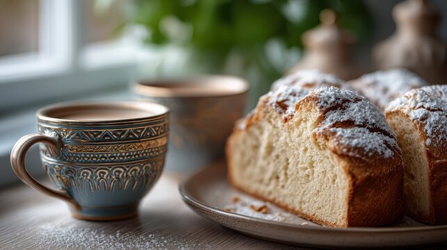 food photography styling, opulent kitchen editorial featuring a freshly sliced rosca de reyes, with close-up crumbs and texture, a hidden figurine, and steaming caf con leche