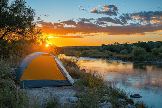 tent on the lake at sunset
