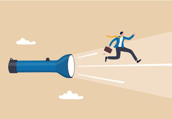 Business direction guidance, career path or solution to reach goal, mentorship, help and manager support, find the way concept, confidence businessman running forward on torch flashlight light beam
