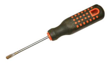 A handheld power tool with a black handle and orange accents, set against a clean white background