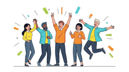 Obraz premium A diverse team of animated characters joyfully celebrates a successful achievement, surrounded by falling confetti, embodying triumph and teamwork in a vibrant display