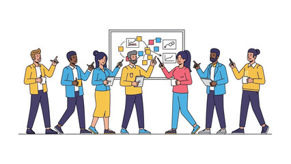 Diverse business team collaborating on a project strategy, analyzing data and ideas on a whiteboard during a productive corporate meeting and presentation session