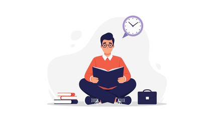 Focused student or professional reading a book with dedication. Clock icon signifies efficient time management and continuous learning in an educational setting