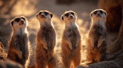Four meerkats are standing on their hind legs in a sandy area. They have alert expressions and look around enjoying the warmth of the sun during the day.