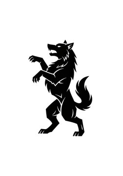 a solid jet-black geometric silhouette of an aggressive heraldic wolf, standing rampant with sharp edges, centered on a pure white background, digital vector illustration style. Concept of historical