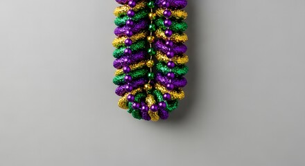 Stacked Mardi Gras beads in traditional purple, green, and gold