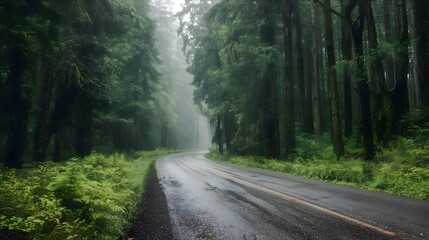 Lush forest road in rain
