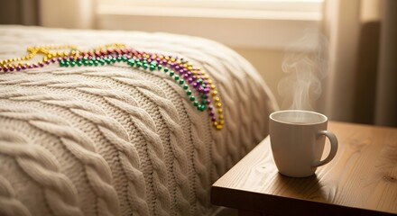 Steaming coffee mug next to a bed decorated with purple, green,