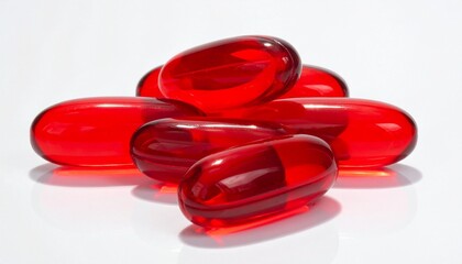 Red Gel Capsules on White Surface – Sleek Supplement Visual for Health, Nutrition, or Pharmaceutical Branding