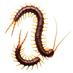 Obraz premium a large, mahogany brown segmented centipede with bright yellow legs, elegantly coiled in an s-shape on a seamless white background, scientific precision study