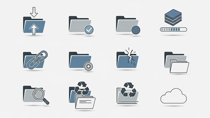 Set of 12 computer folder icons, digital files, download, upload, link, search, recycle, cloud.