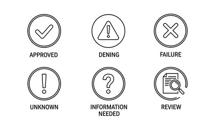 Set of icons for status, decision, and information, including approved, denying, failure, unknown, review