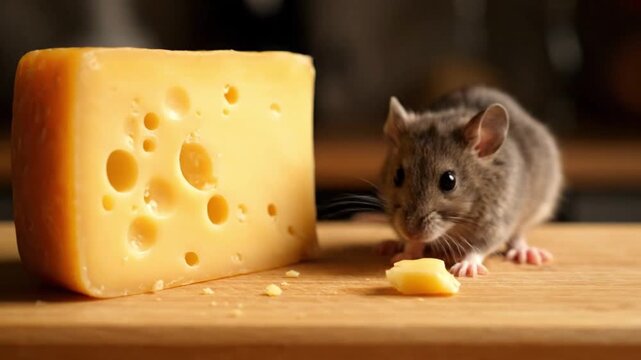 Cute mouse looking at a large piece of Swiss cheese on a wooden table