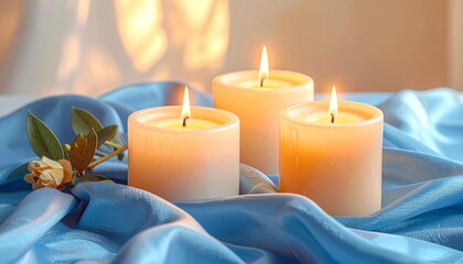 Lit Pillar Candles on Blue Cloth &ndash; Warm Glow for Relaxation, Wellness, or Interior Styling Themes