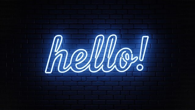 Neon sign displaying the word hello in bright blue light against a dark brick wall, creating a vibrant and inviting atmosphere for communication and connection