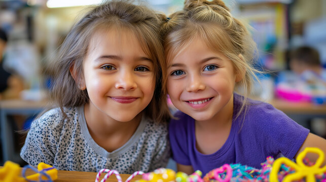 Two young girls in arts crafts, childhood essence capture, heartwarming creative session, delightful activity moment, precious educational play, defocused craft supplies, with copy