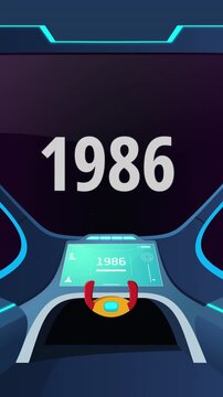 Time travel cockpit with futuristic animation jump to the year 1986 vertical. Ideal for content creators, tech presentations, future concepts, and cinematic video projects.