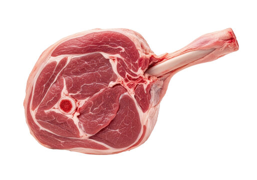 A pristine raw leg of lamb with deep crimson coloration, rich natural marbling, and an exposed bone, highly detailed against a pure white background. Gourmet quality ingredients atmosphere