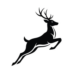 Obraz premium Dynamic black silhouette illustration of a majestic deer in mid-leap, showcasing graceful movement and strength, perfect for nature-themed designs, emblems, logos, or rustic decor