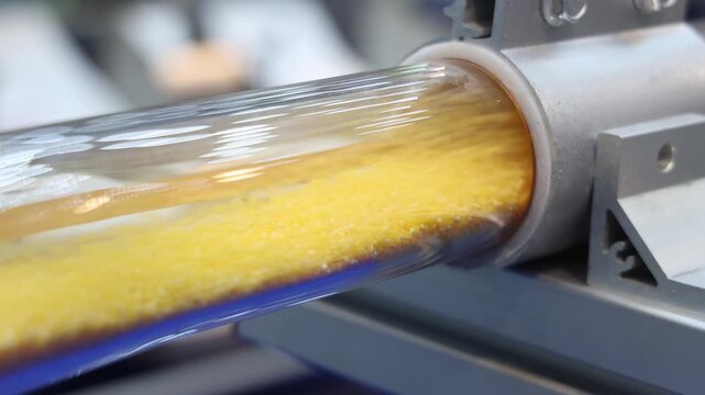 Plastic pellets air tubes. Close up of transparent industrial tube transporting yellow plastic pellets on automated machine. High speed motion engineering material handling. Plastic manufacturing tech