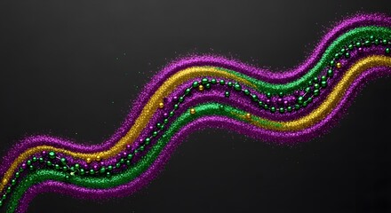 Wavy lines of purple, green, gold glitter and Mardi Gras beads o